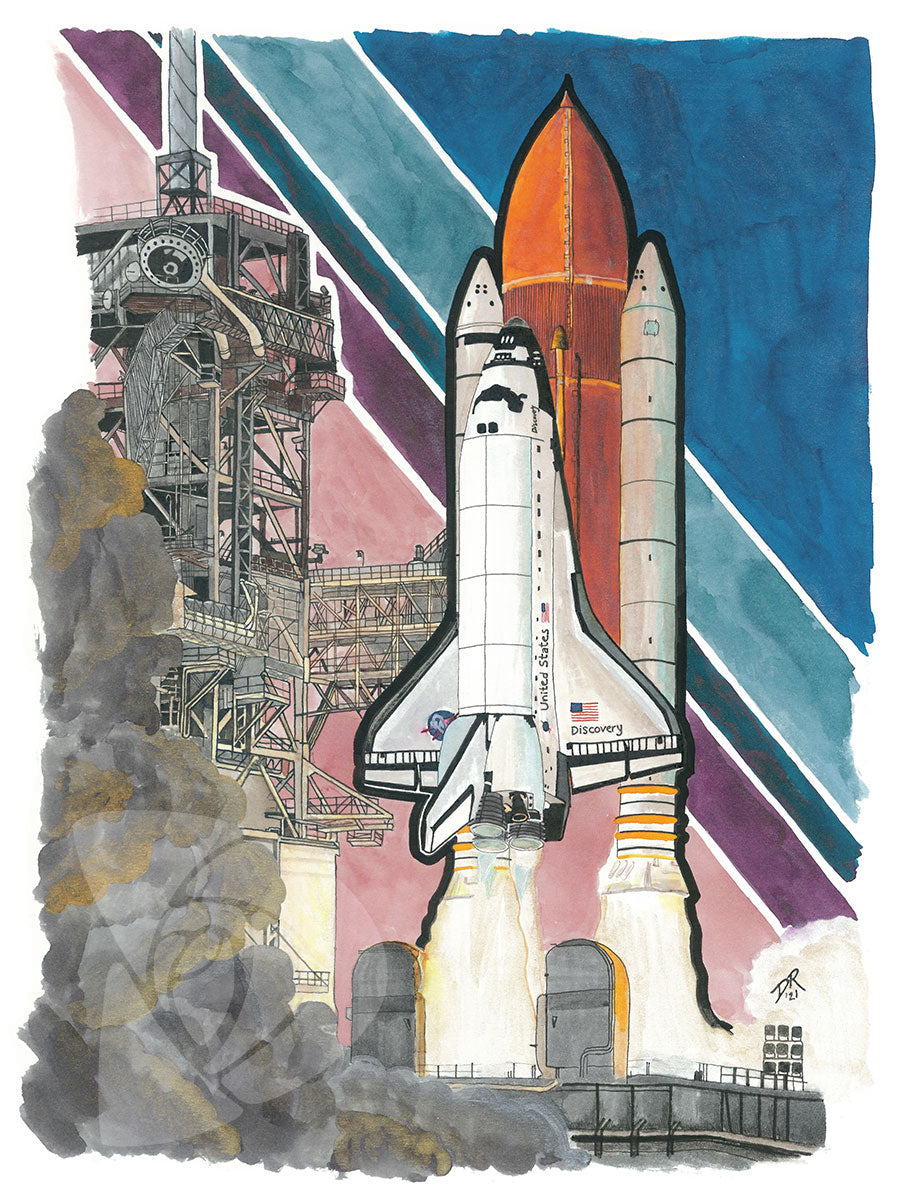A detailed technical painting in pearlescent inks of Space Shuttle Discovery leaving the launch pad for the last time in 2011. Seen is the mobile launch platform and top portion of the launch tower, a intricate structure of pipes and beams. The bottom of