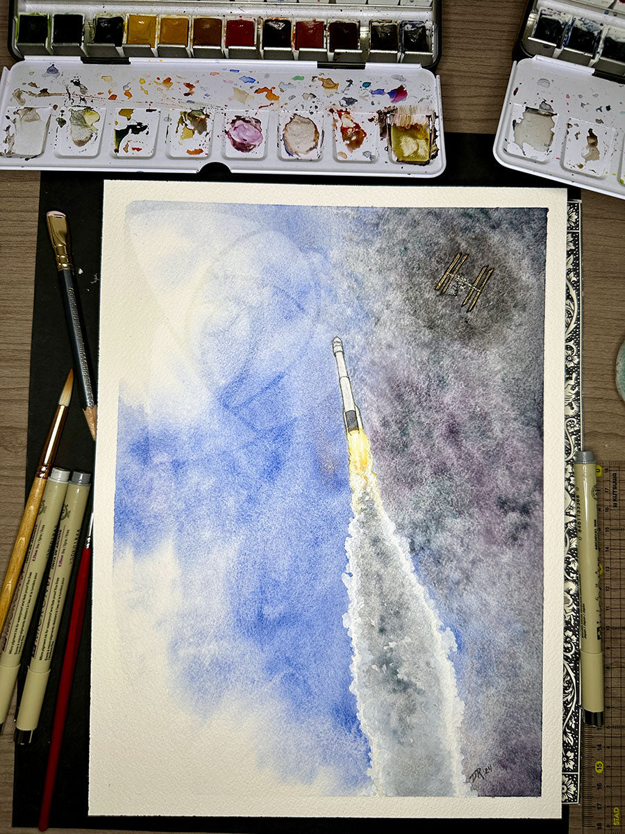 FIRST FLIGHT original painting by Danielle Rose Baker. 9x12", watercolor on cotton, painted June 2024. A watercolor painting of the successful CFT-1 test of the Boeing Starliner spacecraft, carrying two astronauts to the International Space Station on an