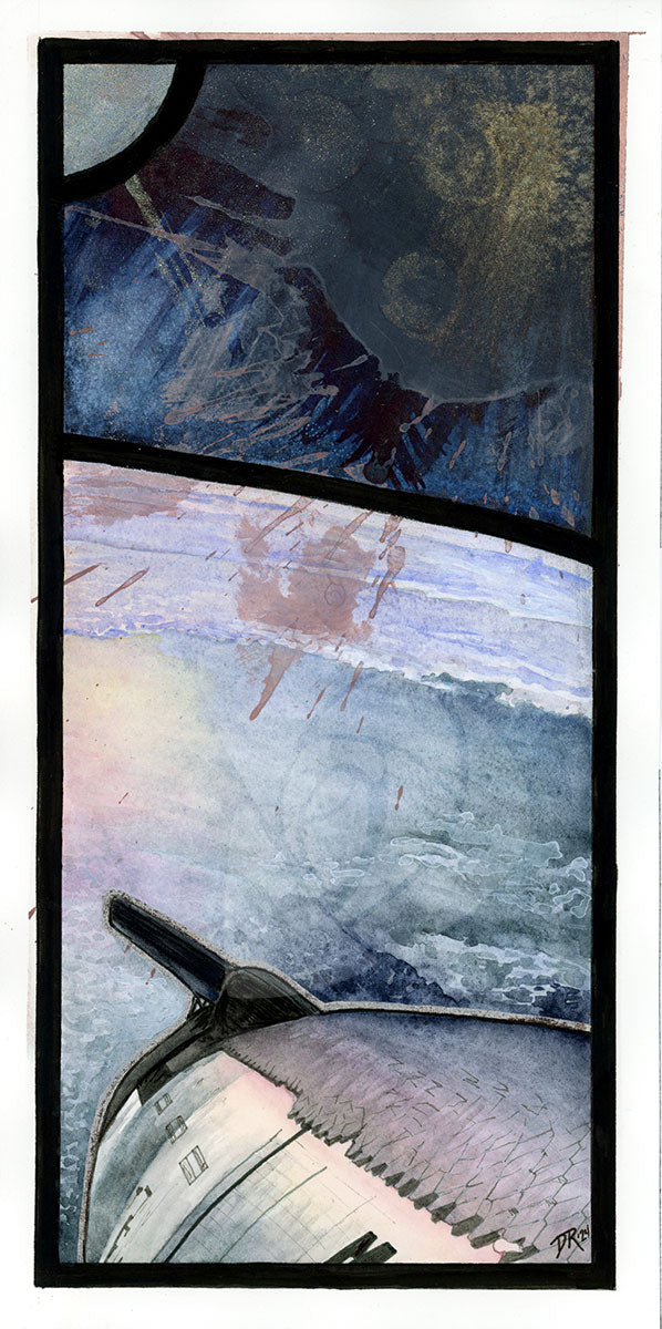 LOOSE LIDS STAIN SHIPS by Danielle Rose Baker. A painting of the third integrated launch of the SpaceX Starship and Falcon Super Heavy rocket on March 14, 2024. The rocket is seen in orbit, floating above the earth. The vastness of space is rendered in da
