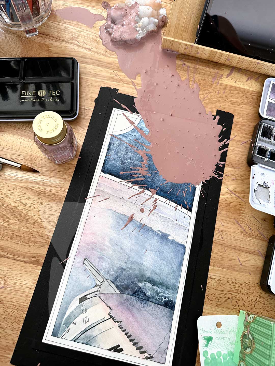 LOOSE LIDS STAIN SHIPS by Danielle Rose Baker. A painting of the third integrated launch of the SpaceX Starship and Falcon Super Heavy rocket on March 14, 2024. The rocket is seen in orbit, floating above the earth. The vastness of space is rendered in da