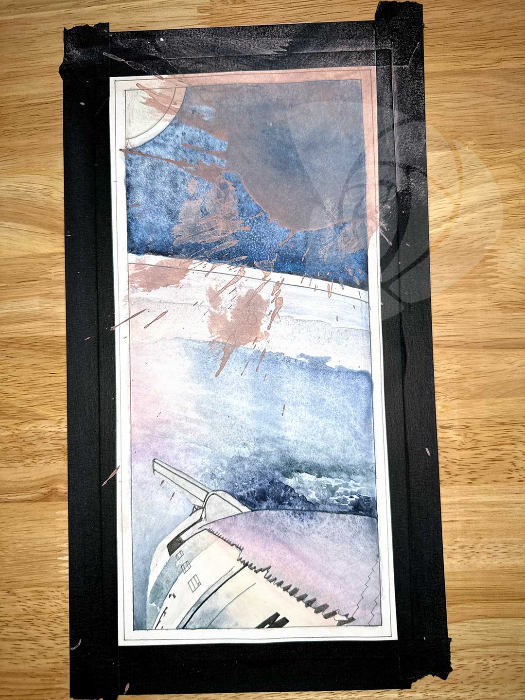 LOOSE LIDS STAIN SHIPS by Danielle Rose Baker. A painting of the third integrated launch of the SpaceX Starship and Falcon Super Heavy rocket on March 14, 2024. The rocket is seen in orbit, floating above the earth. The vastness of space is rendered in da