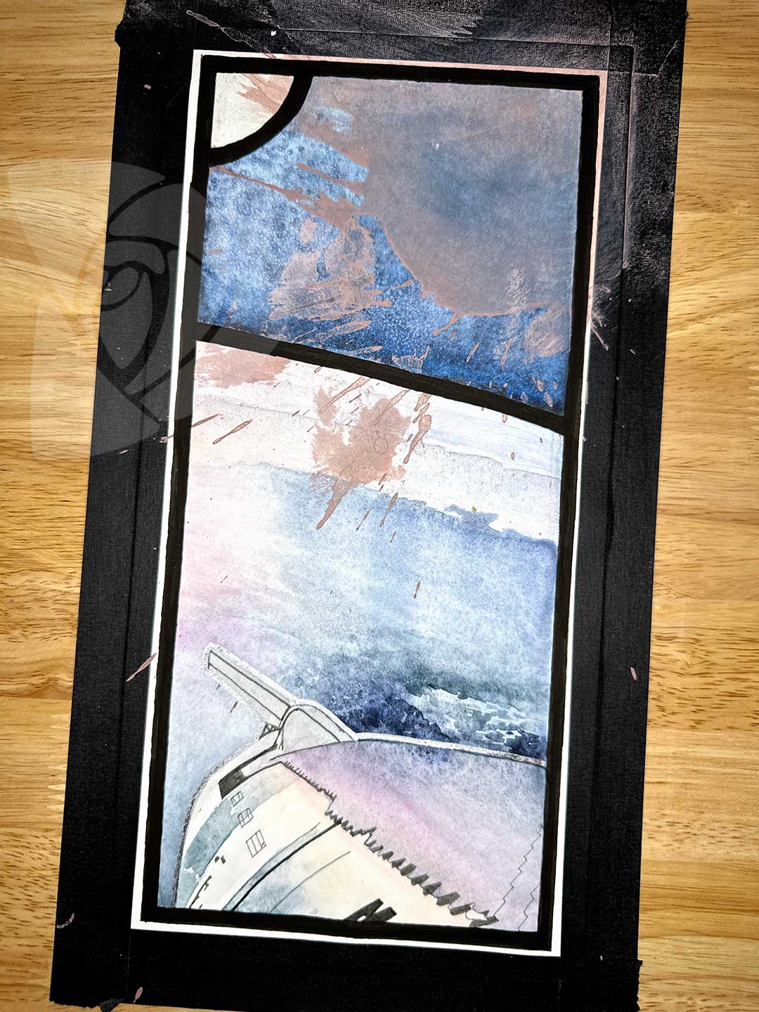LOOSE LIDS STAIN SHIPS by Danielle Rose Baker. A painting of the third integrated launch of the SpaceX Starship and Falcon Super Heavy rocket on March 14, 2024. The rocket is seen in orbit, floating above the earth. The vastness of space is rendered in da