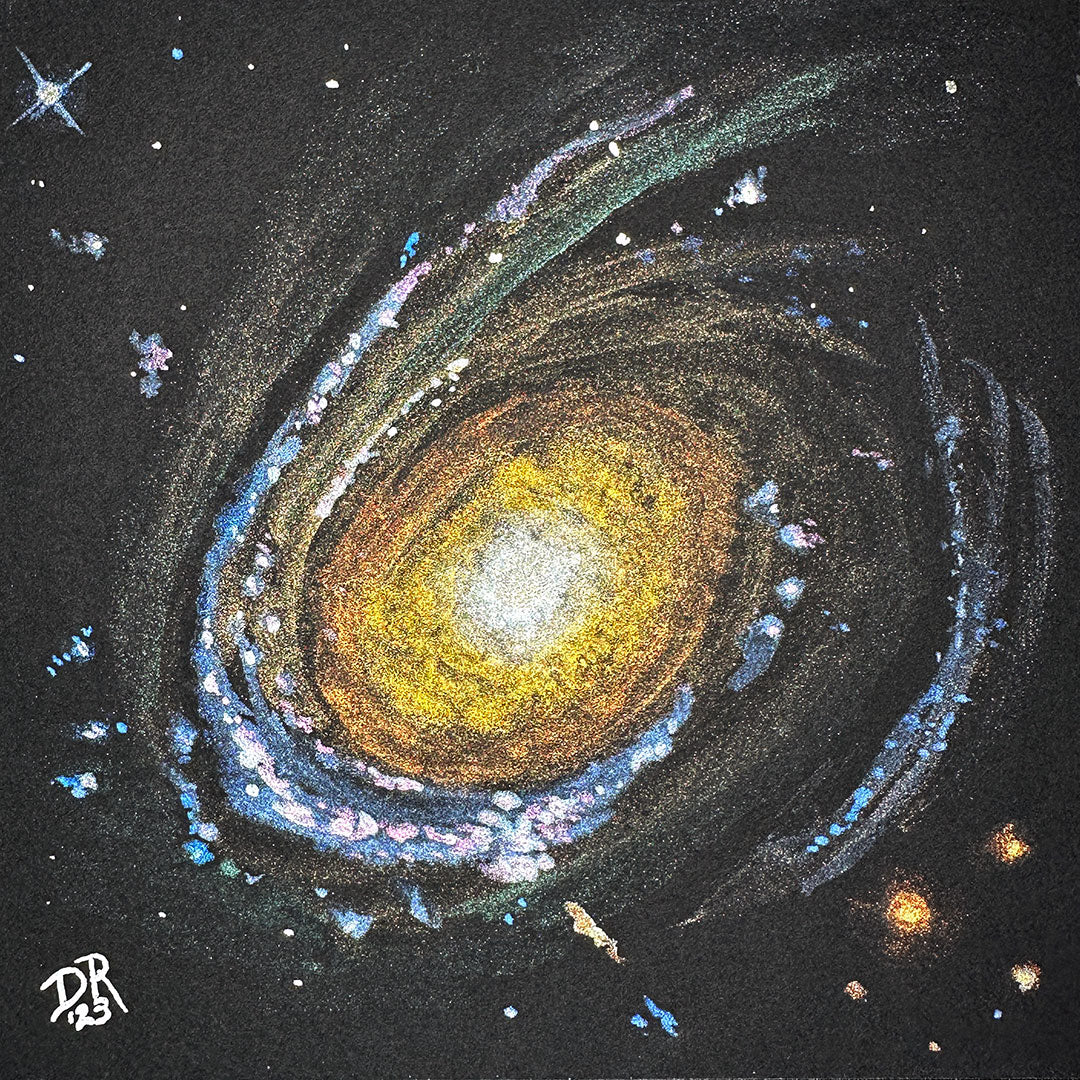 A pearlescent watercolor painting on black of the jellyfish galaxy JW39 as seen by the NASA/ESA Hubble Space Telescope. The galaxy core is seen in golds and whites, with fainter arms punctuated by clusters of blue and pink, aglow with forming stars. This