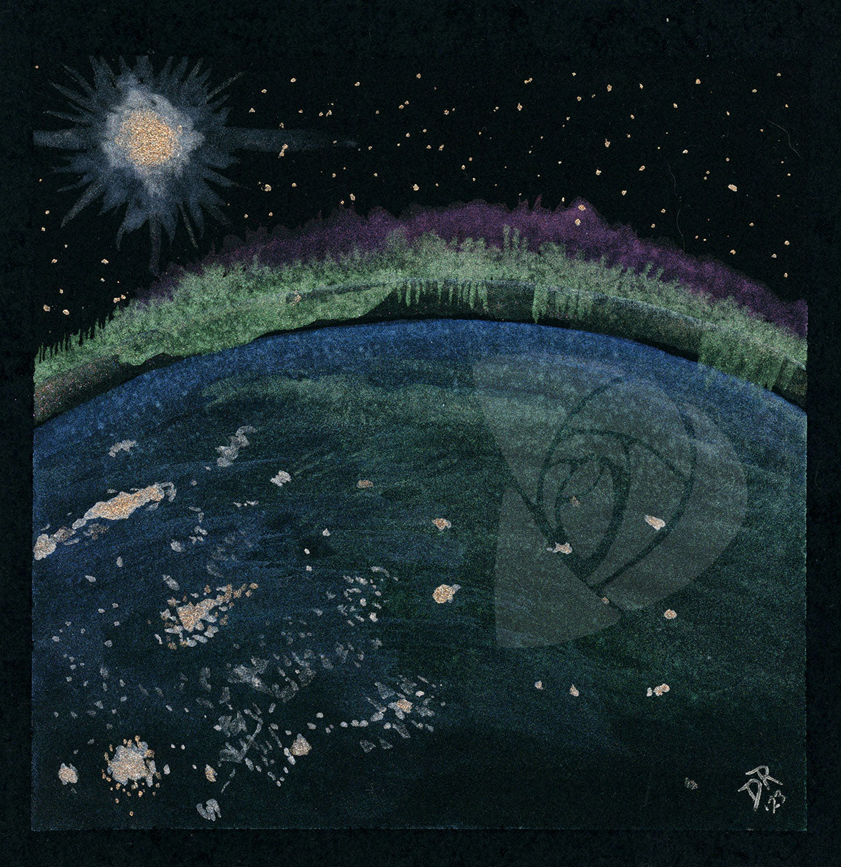 A watercolor painting on a black background, with the curve of the Earth and itβs thin band of atmosphere seen at night from the International Space Station, illuminated by the green glow of aurora borealis dancing above. The Earth is seen in shades of da