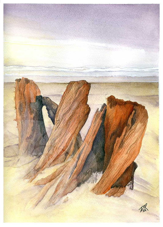 A watercolor painting of multiple driftwood trunks emerging from the beach at Bandon, Oregon. Purplish clouds hang in the overcast sky above the whitecapped horizon. The wood is painted in warm oranges and browns.