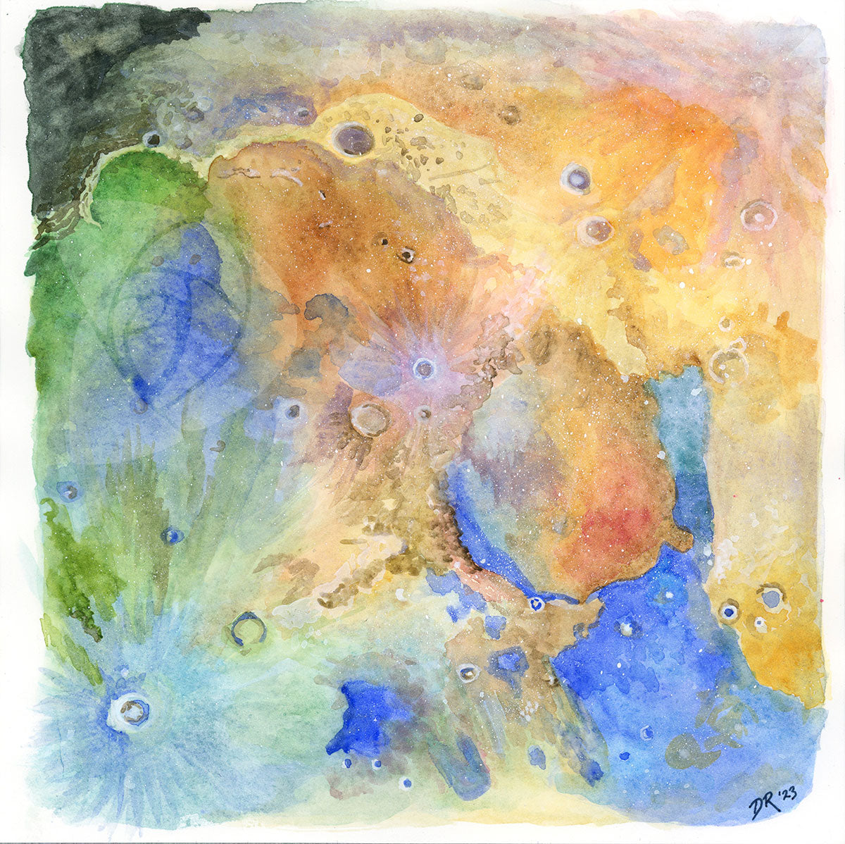 A square watercolor painting, featuring a close up of the lunar surface with craters and seas in greens, purples, blues and oranges.