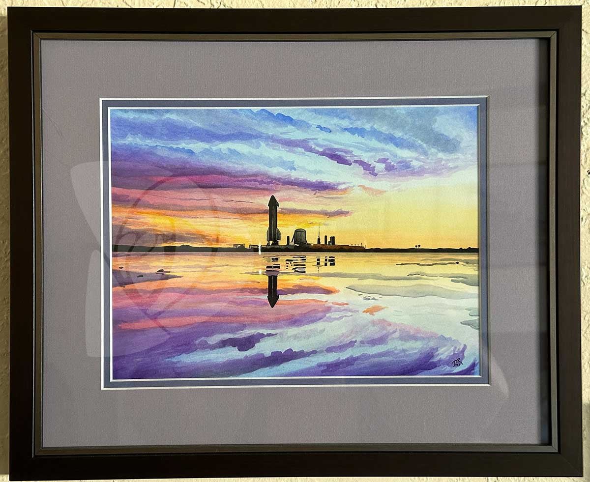 SpaceX Starship SN8 at Sunset framed original watercolor painting by Danielle Rose Baker