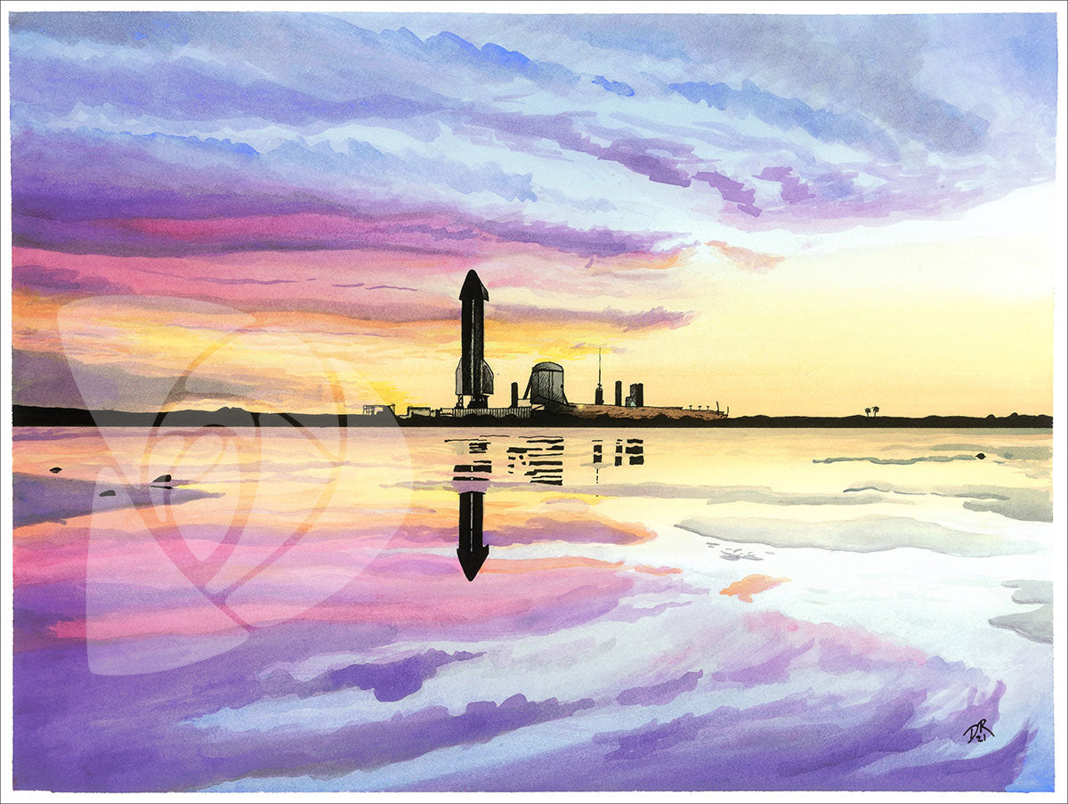 SpaceX Starship SN8 at Sunset original watercolor painting by Danielle Rose Baker