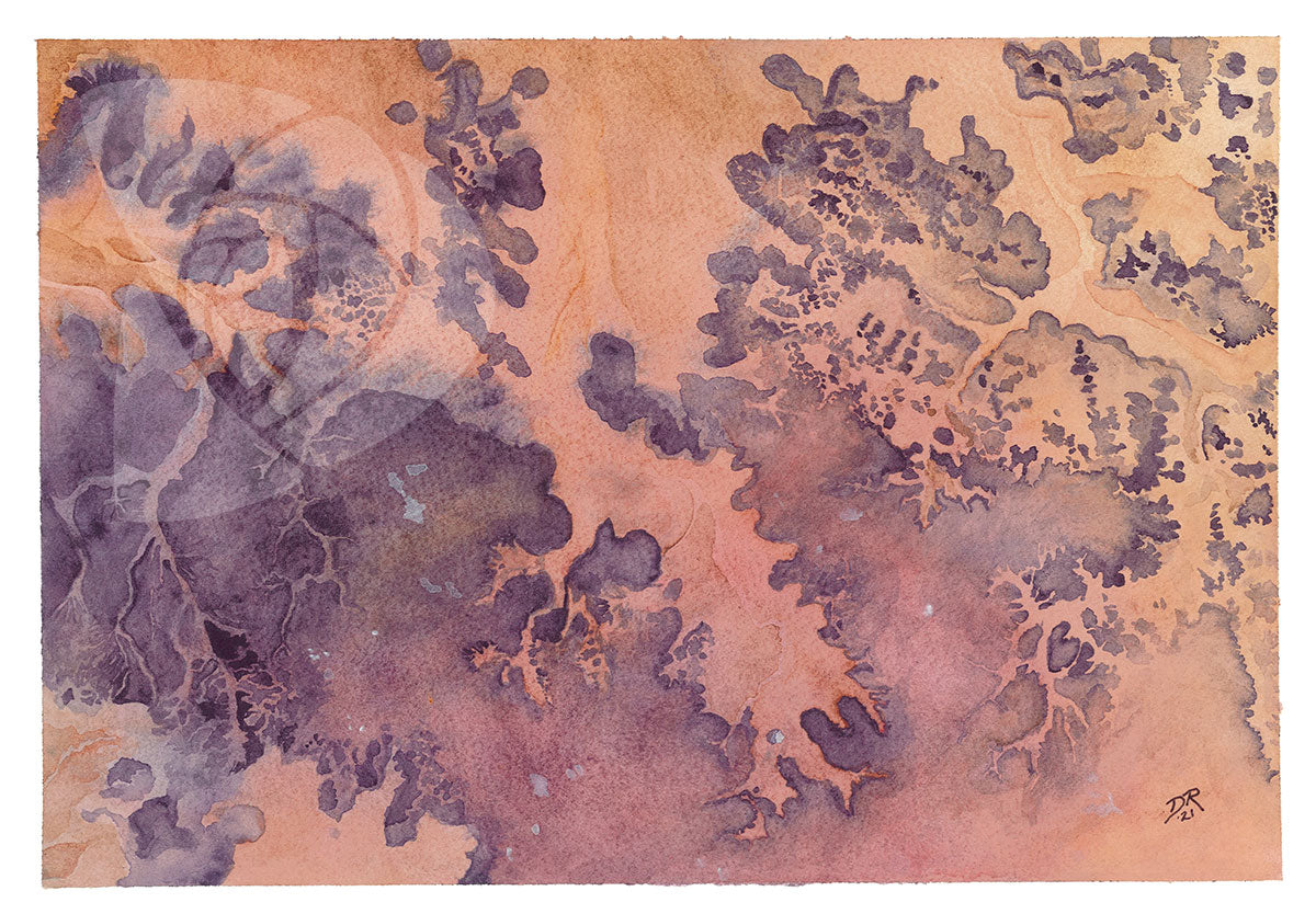 A watercolor of the Sahara Desert seen from orbit in shades of peach, pink and purple, showing plateaus carved by alluvial gullies and fans, showing the tremendous impact of water flows on the desert environment. The scene has a fractal-like quality.