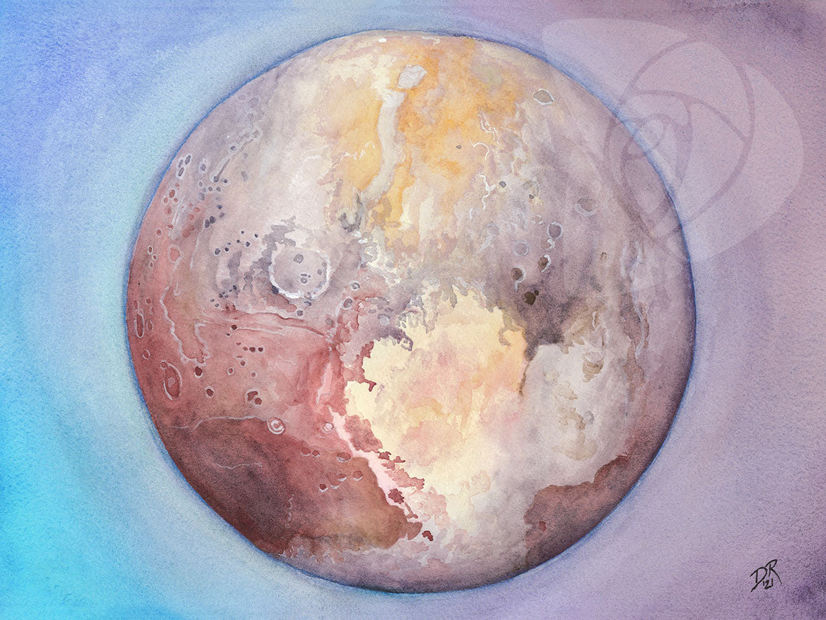 A watercolor painting of the dwarf planet Pluto, as imaged by the New Horizons spacecraft in 2015. The surface is seen in enhanced color, showing warm tans, reddish-browns and purple-grays, dotted with craters and ridges. A large heart-shaped feature domi