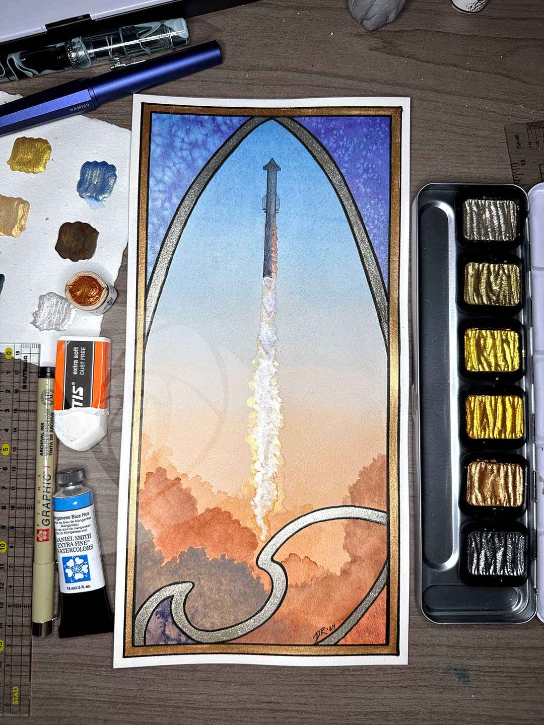 DAWN OF A NEW ERA by Danielle Rose Baker. A watercolor painting of the second integrated launch of the SpaceX Starship and Falcon Super Heavy rocket on November 18, 2023. The rocket rises through a dawn-tinged sky from rose and peach exhaust, surrounded b