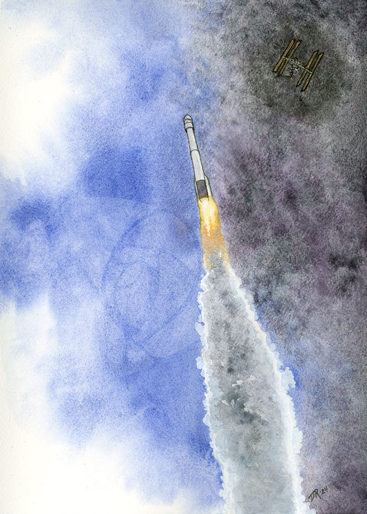 FIRST FLIGHT - A watercolor painting of the successful CFT-1 test of the Boeing Starliner spacecraft, carrying two astronauts to the International Space Station on an Atlas rocket. The rocket rises past wispy clouds on the left side, with a view of the IS