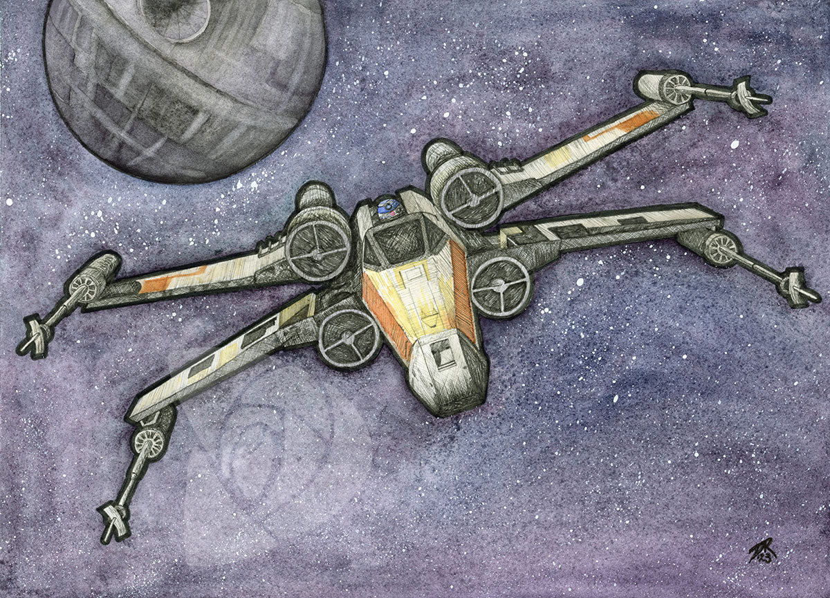 An ink and watercolor illustration of an X-wing fighter from the Star Wars universe against a starry sky rendered in purples and blues. The Death Star looms in the background and the fighter is flying away from it, towards the viewer.