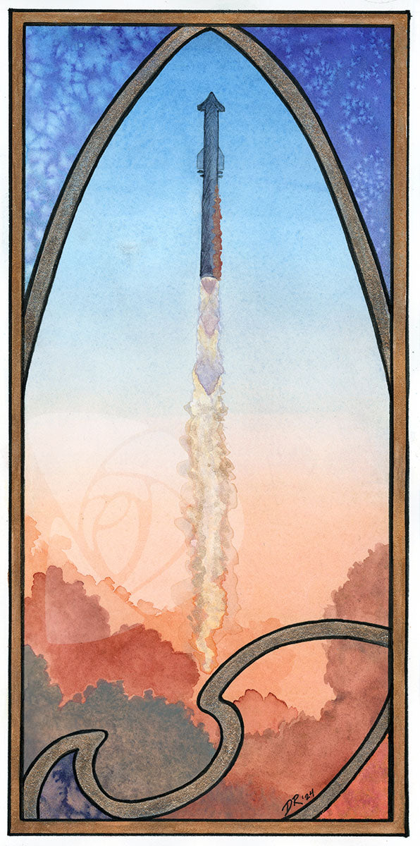 DAWN OF A NEW ERA by Danielle Rose Baker. A watercolor painting of the second integrated launch of the SpaceX Starship and Falcon Super Heavy rocket on November 18, 2023. The rocket rises through a dawn-tinged sky from rose and peach exhaust, surrounded b