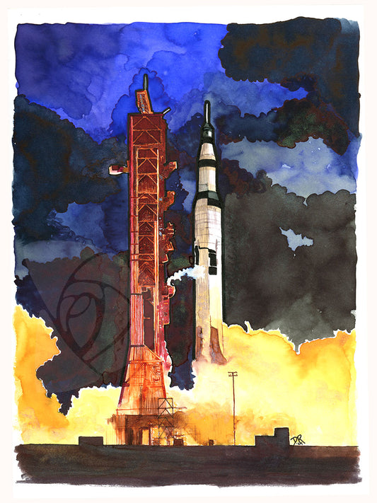 An ink illustration of a Saturn V rocket and launch tower. The top two-thirds is a roiling sky of clouds rendered in blue, dark teal and navy inks, some with shimmering effects. Outlined against this, the launch tower is seen in shades of brown-orange. Th