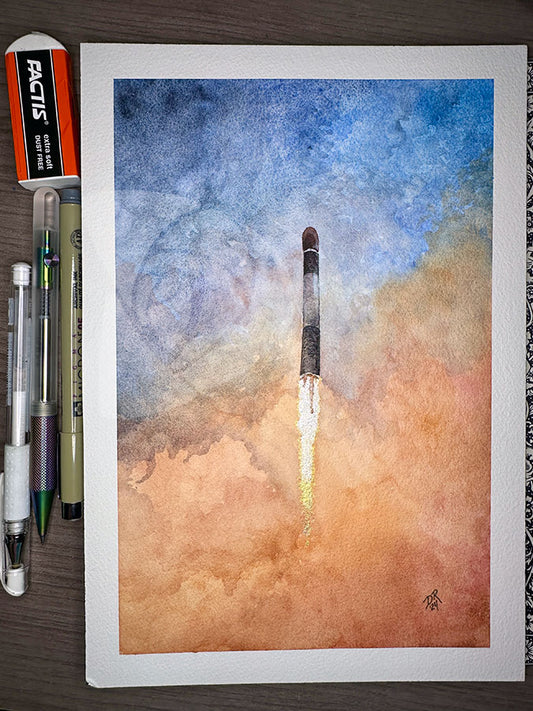 A watercolor painting of a slender black and white rocket rising through clouds of exhaust, colored shades of orange, rising to a dark blue sky. The entire scene is washed by a diagonal gradient from orange to blue, with only the rocket’s plume shown in b