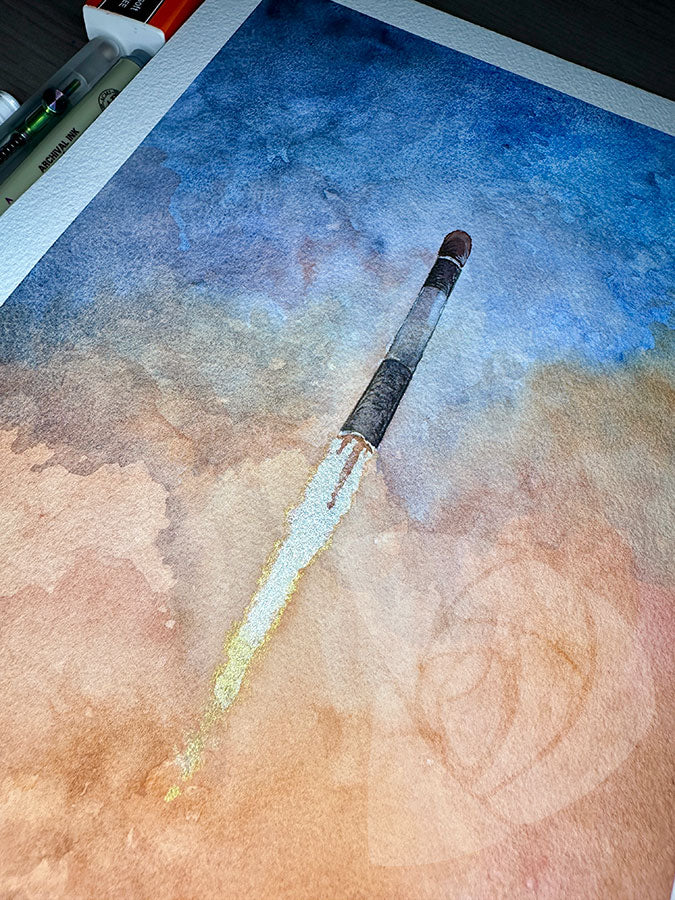 A watercolor painting of a slender black and white rocket rising through clouds of exhaust, colored shades of orange, rising to a dark blue sky. The entire scene is washed by a diagonal gradient from orange to blue, with only the rocket’s plume shown in b