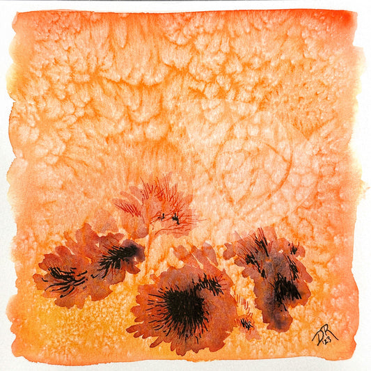 A watercolor painting on a square block of an abstract red-orange background with light and dark areas in a chaotic pattern. Spreading across the bottom half are a series of dark sunspots expanding across the surface.