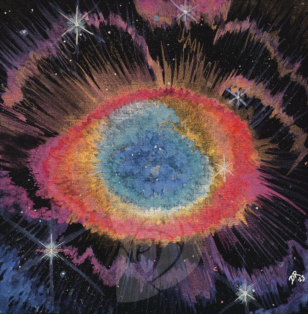 A black-primed square board with the Ring Nebula seen in shades of blue ringed with peach, gold, orange, red and pink, with scattered stars and eyelash-like rays in purple, bronze and pink, as seen by James Webb Space Telescope.